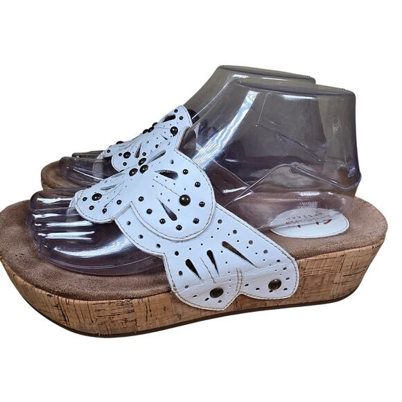 Clarks Artisan Sandals Palima Palm Laser Cut Thong Cork Wedge White Womens Sz 8 - Picture 6 of 11